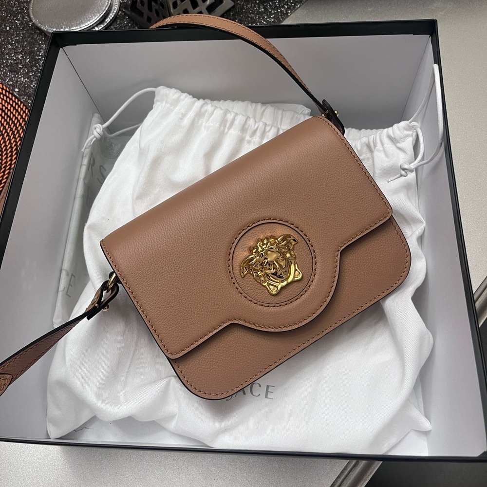 Versace Medusa leather crossbody bag cognac brown tan nude gold